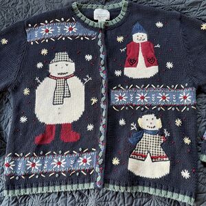 Vtg Christopher & Banks Sweater Womens Medium Navy Snowman Cardigan 90s